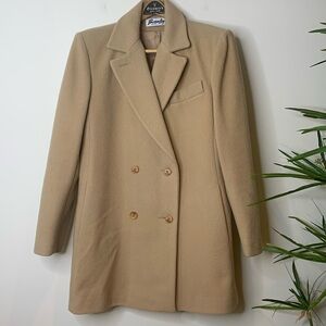 Bromley | 100% Wool Vintage Tan Notched Lapel Button Midi Trench Winter Coat M/L